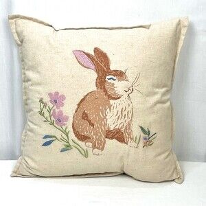 Farmhouse Bunny Rabbit Pillow Print & Embroidered Square 18" x 18" New